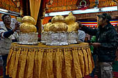 Inle Lake Myanmar. Phaung Daw Oo Paya. Enshrined in the pagoda are five small ancient Buddha images that have been transformed into amorphous blobs by the sheer volume of gold leaf applied by devotees.  